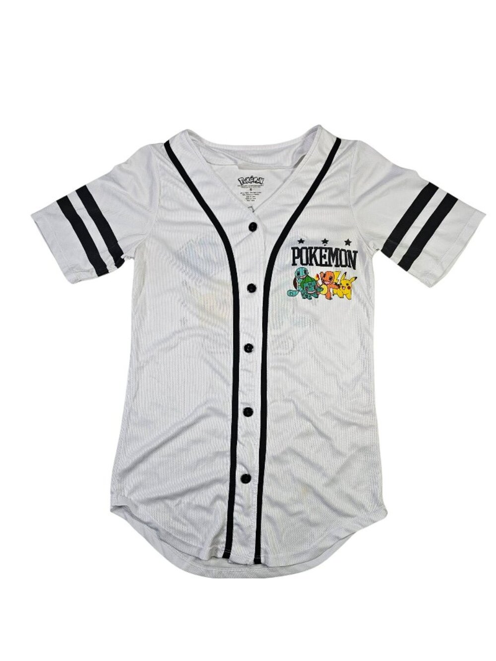 Pokemon Baseball Jersey w/ Pikachu Bulbasaur Charmander & Squirtle White Size S